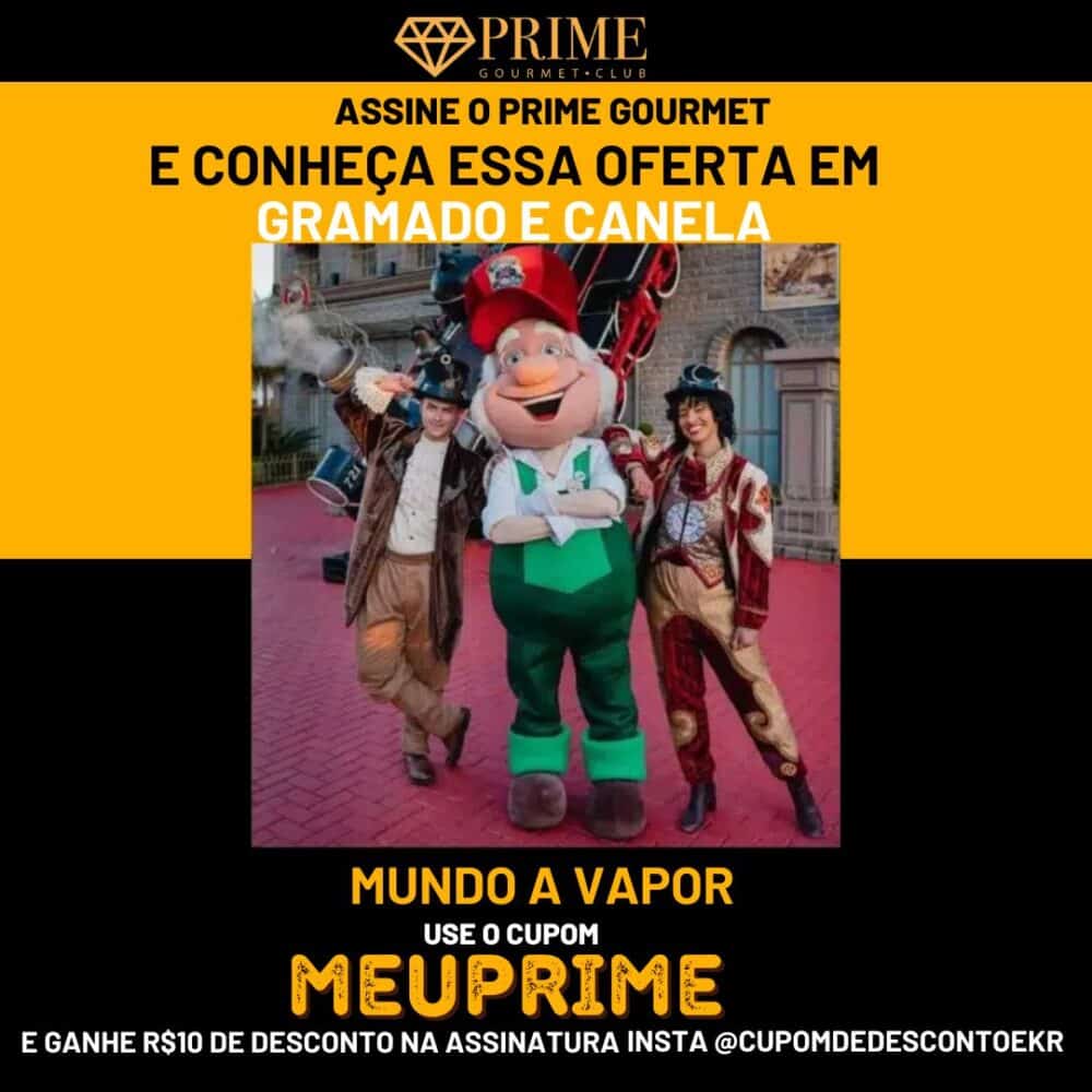 Promoção Prime Gourmet em Gramado com personagens temáticos.
