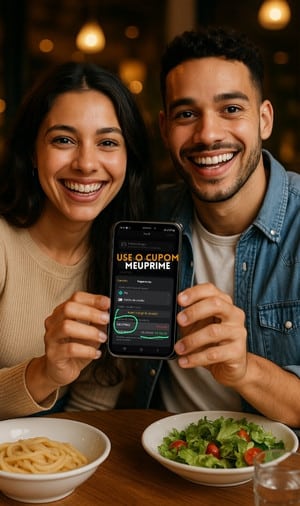Casal feliz utilizando o aplicativo Prime Gourmet em um restaurante em Fortaleza