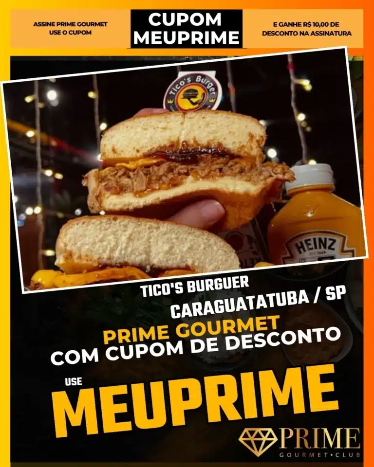Tico's Burguer Caraguatatuba,Hamburgueria Americana Caraguá,Milkshake Caraguatatuba,Prime Gourmet Desconto,Burger Artesanal,Onde comer com crianças,Cupom MEUPRIME,Lanche da Tarde