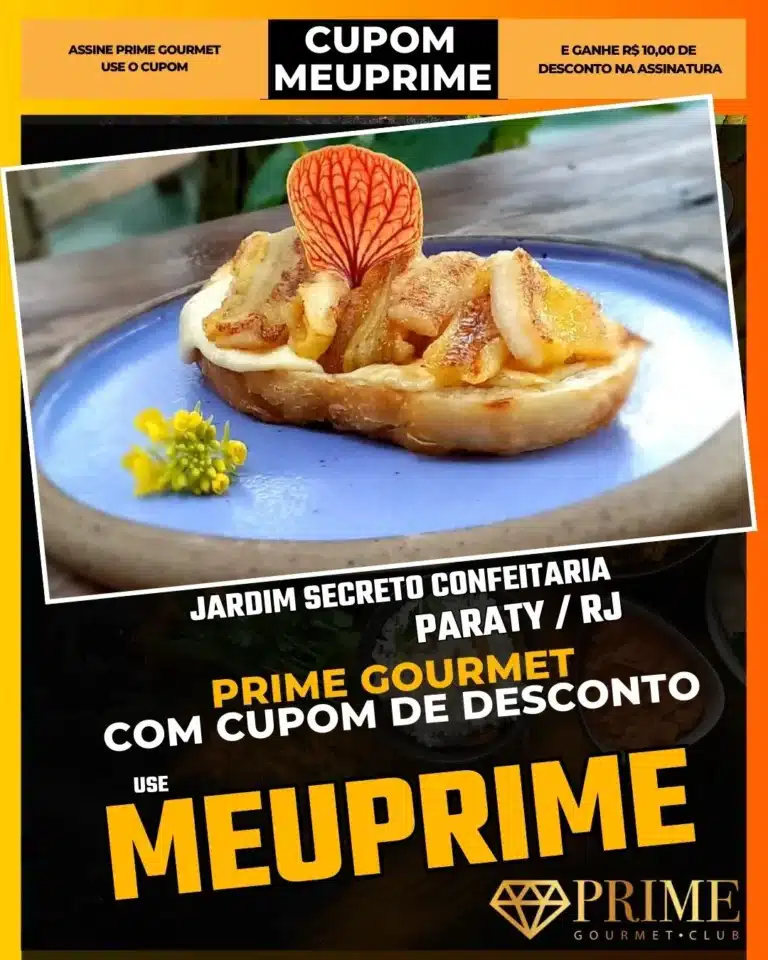 Jardim Secreto Paraty,Confeitaria Paraty,Café da Tarde Charmoso,Prime Gourmet Desconto,Doces Finos,Onde tomar café,Cupom MEUPRIME,Bolo Red Velvet