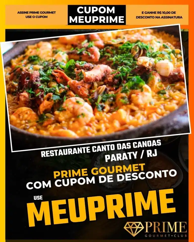 Restaurante Canto das Canoas,Frutos do Mar Paraty,Moqueca Paraty,Prime Gourmet Desconto,Almoço Beira Mar,Restaurante Caiçara,Cupom MEUPRIME,Peixe Fresco