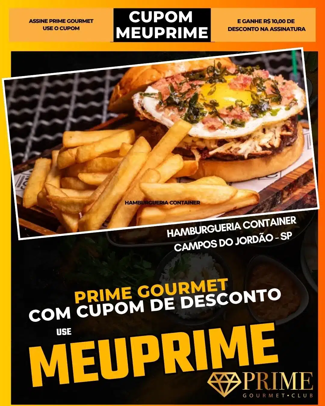 Hambúrguer gourmet com batatas e cupom de desconto
