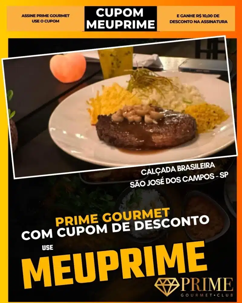 Prato com bife, arroz e cupom MEUPRIME