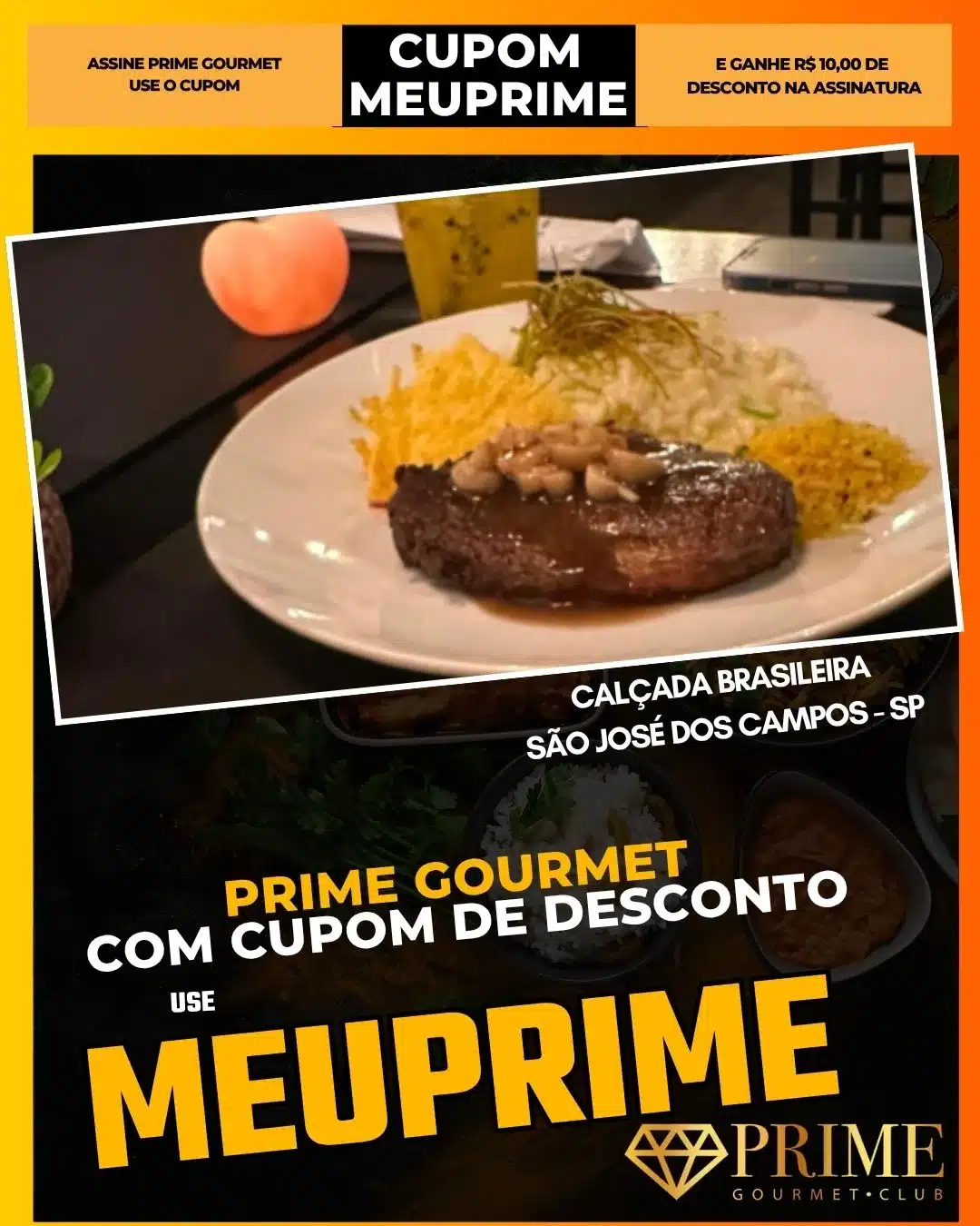 Prato com bife, arroz e cupom MEUPRIME