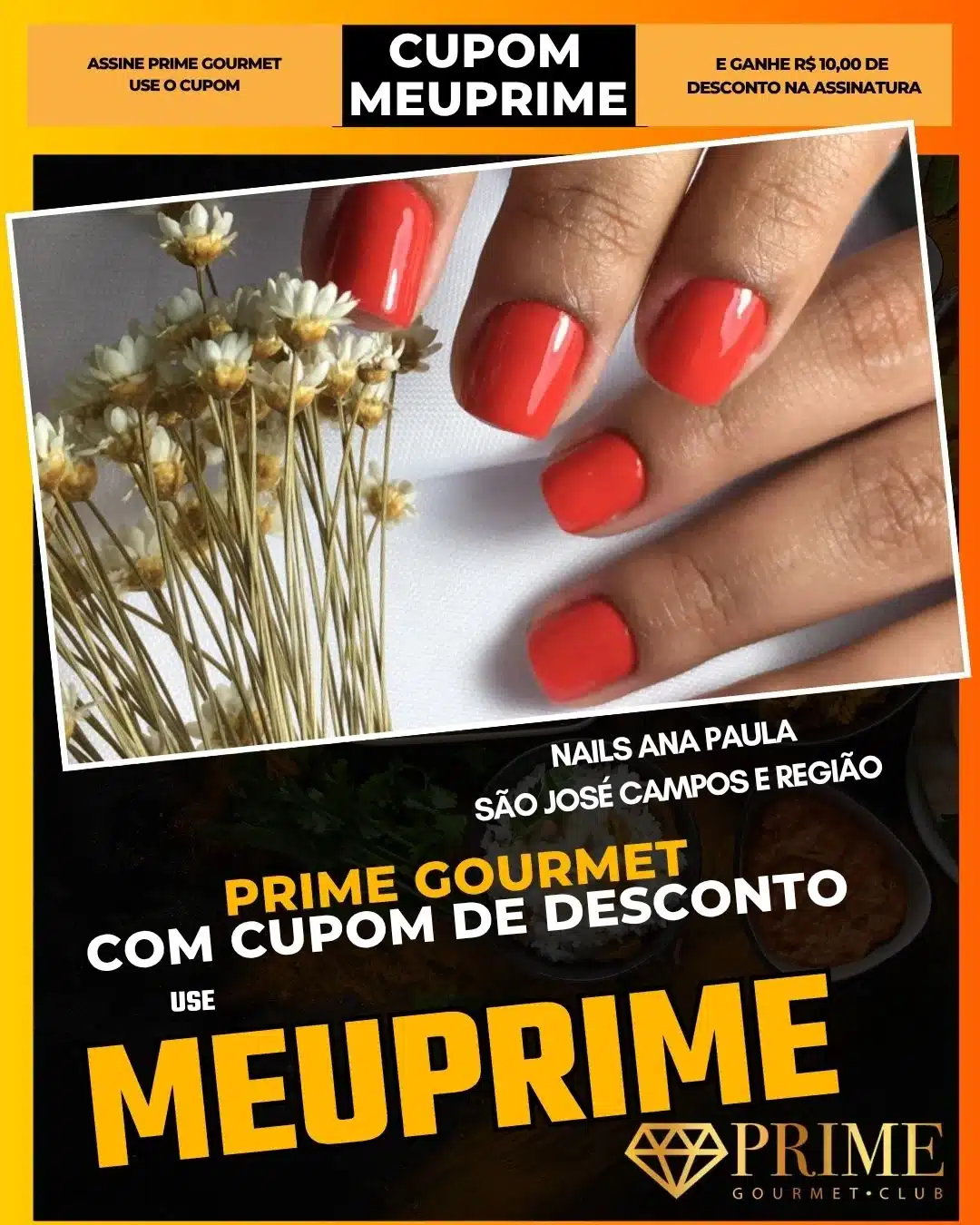 Unhas vermelhas com anúncio de cupom Prime Gourmet