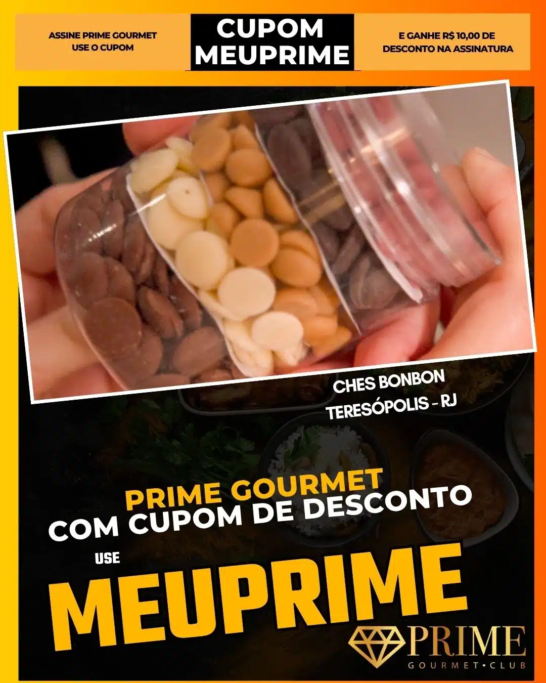 Potes com gotas de chocolate e cupom MEUPRIME
